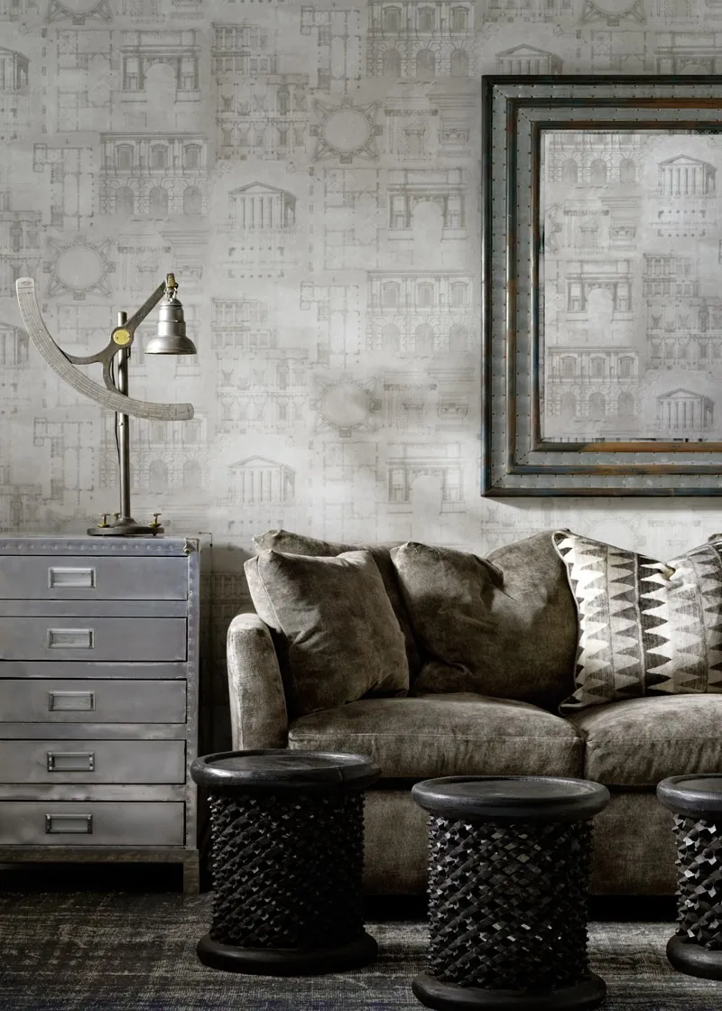 Ткань Andrew Martin Lost & Found augustus_wallpaper_and_ladder_charcoal_fabric