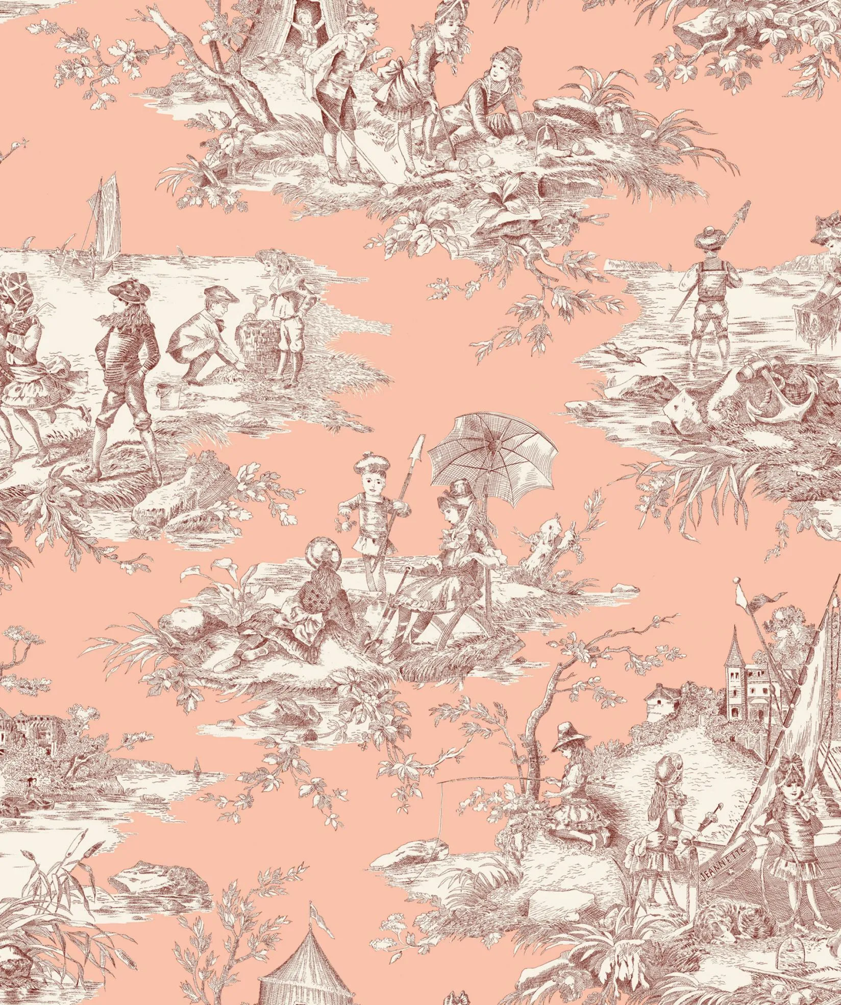 Ткань Thevenon Toiles Jouy 1062636_histoire_deau_bordeaux_fond_rose_ld_0