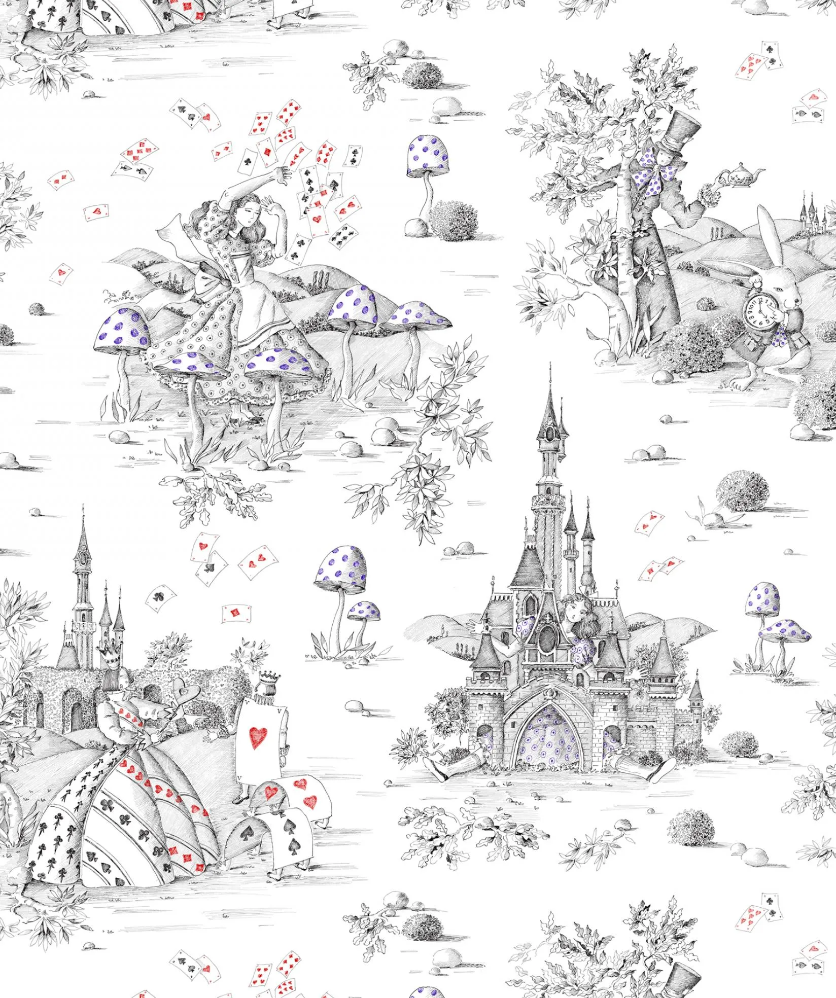 Ткань Thevenon Toiles Jouy aux_pays_des_merveilles_noir_rouge