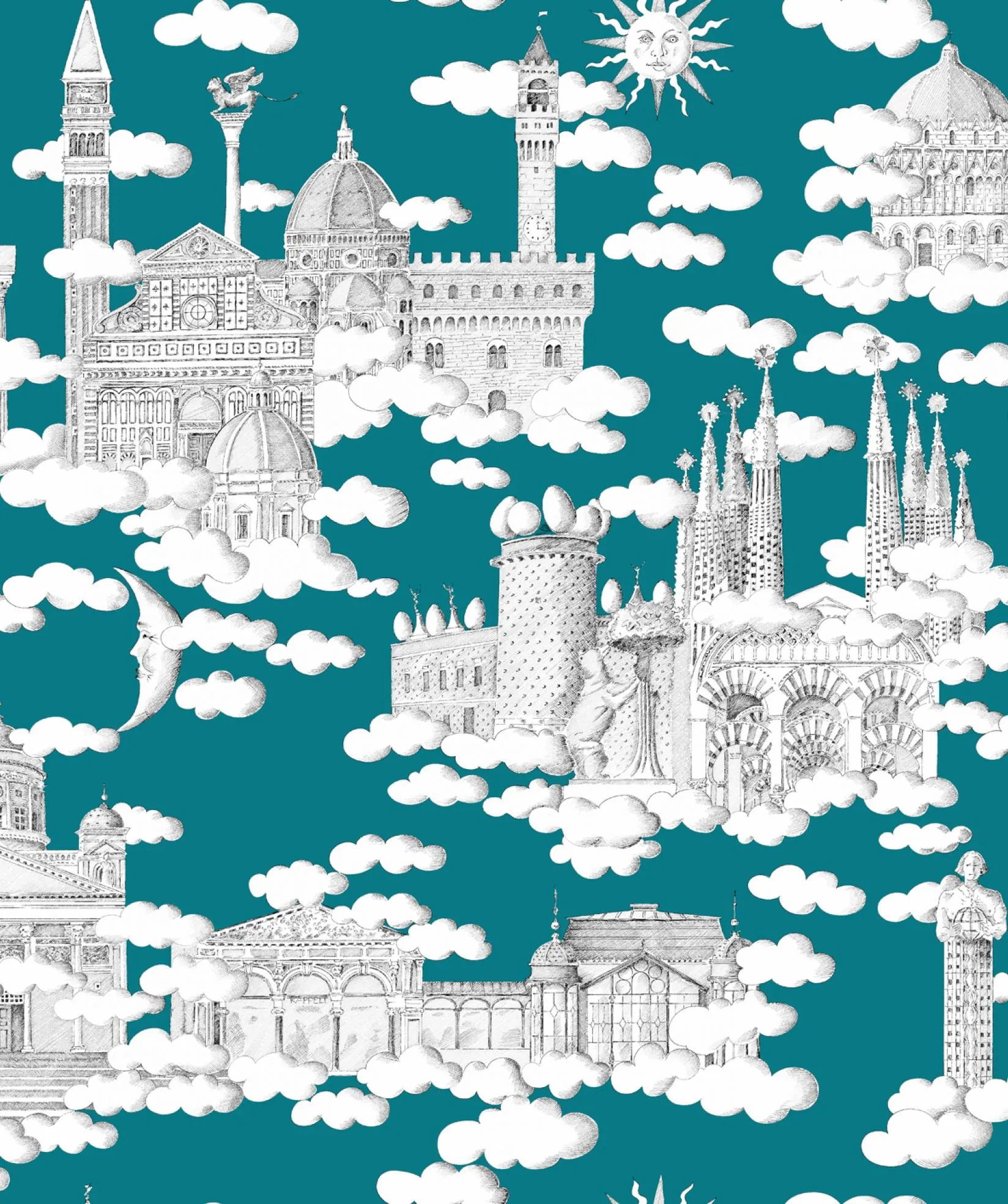 Ткань Thevenon Toiles Jouy sur_un_nuage_fd_bleu_canard